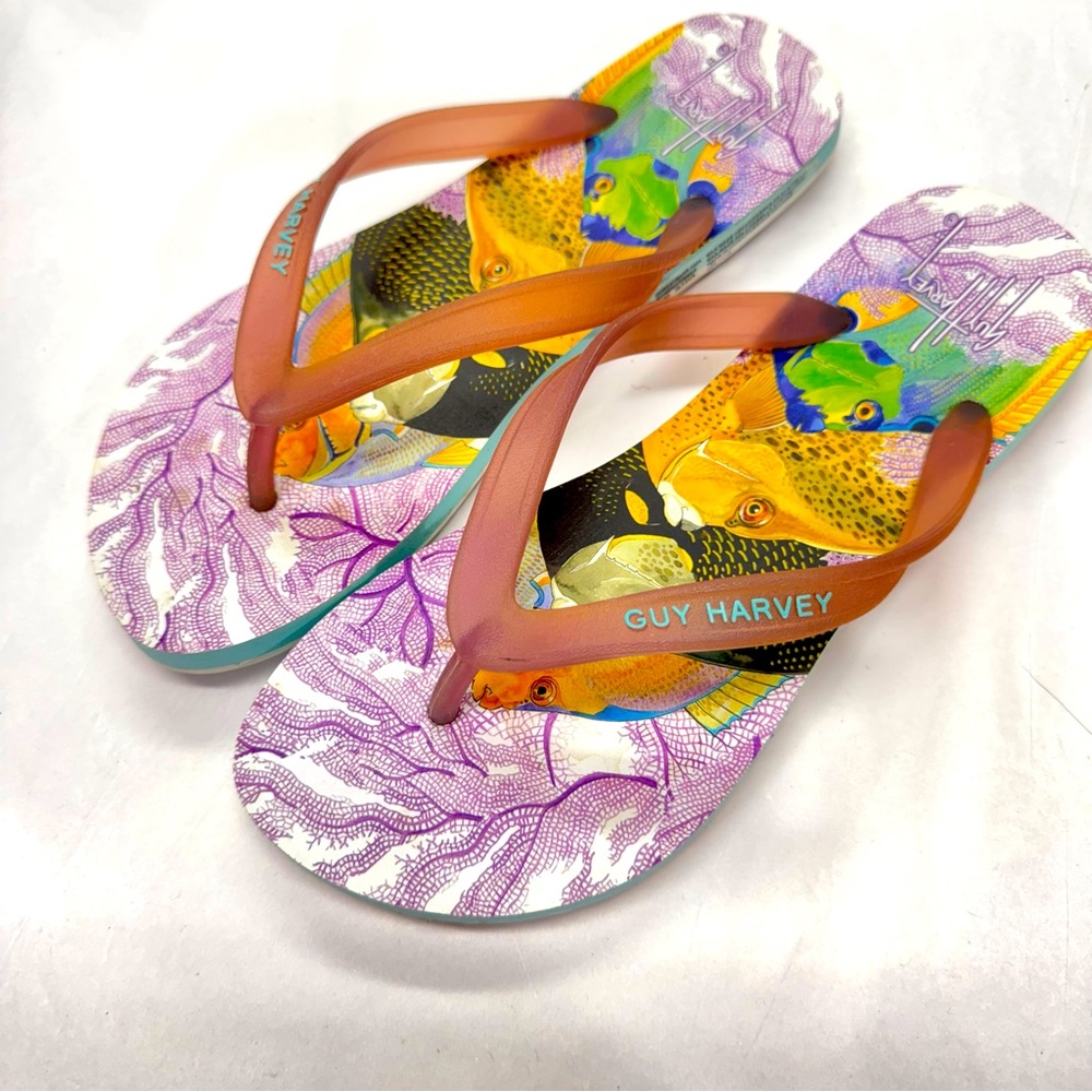 New Guy Harvey Sandals Flip Flops Size 9 Caribbean Purple Pink Fish NWT Beach